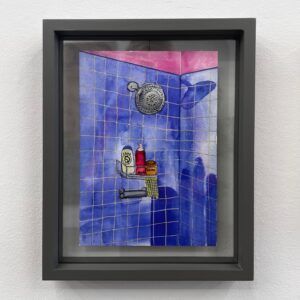 Marie Schack, galleri kbh kunst, badeværelse, bruseniche, blå fliser, blå, billig kunst