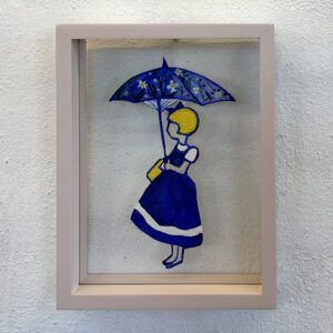 Marie Schack, Irma, Galleri, kbh, kunst, Irmapigen, Irma pigen, pige, blå kjole, blå paraply, billig kunst, naivistisk kunst