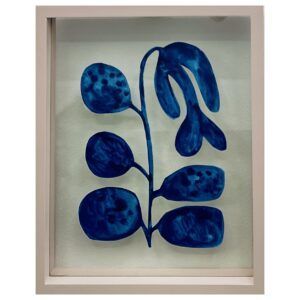 Marie Schack, galleri kbh kunst, papirværk i ramme, blomst, blå, akvarel