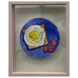 Marie Schack, galleri kbh kunst, morgenmad, æg, toast, tomat, tallerken, maleri, akvarel, i ramme, papirværk
