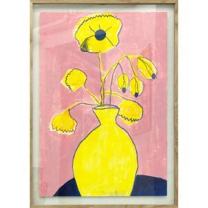 Marie Schack, Galleri kbh kunst, kunst i ramme, gul vase, gul blomst,