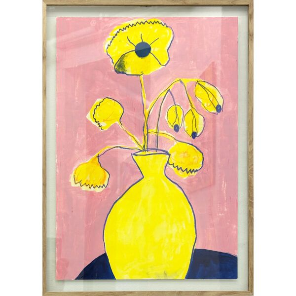 Marie Schack, Galleri kbh kunst, kunst i ramme, gul vase, gul blomst,