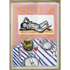 Marie Schack, papirværk, kunst, Galleri kbh kunst, stilleben, vin, middag for to, maleri,