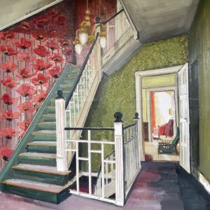 Hanne Schmidt, maleri på lærred, a sense of home, trappeopgang, interiør, tapet, rum, bolig, forladt rum