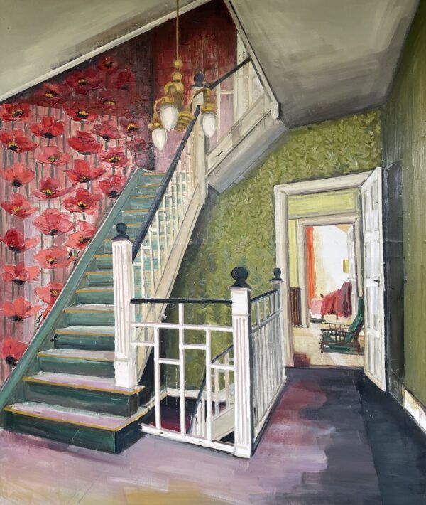 Hanne Schmidt, maleri på lærred, a sense of home, trappeopgang, interiør, tapet, rum, bolig, forladt rum