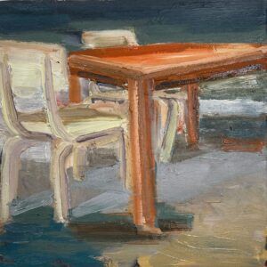 Hanne Schmidt, galleri kbh kunst, kunst, maleri, oliemaleri, kunst til salg, interiør, bolig, indretning, stol, bord, spisebord med stole