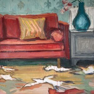 Hanne Schmidt, Orchid, maleri på lærred, olie på lærred, interirør, sofa, vase, pude, tæppe, orkide, rum, stue,