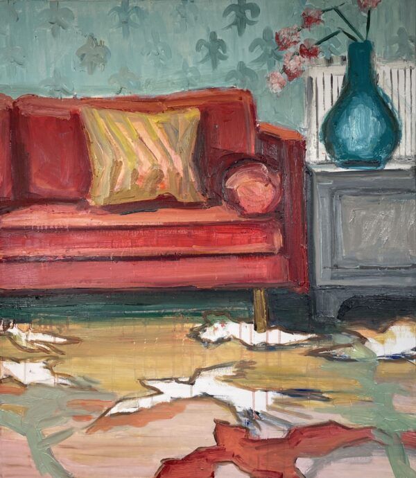 Hanne Schmidt, Orchid, maleri på lærred, olie på lærred, interirør, sofa, vase, pude, tæppe, orkide, rum, stue,