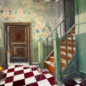 Hanne Schmidt, trappe, ternet gulv, maleri, olie på lærred, oliemaleri, kunsthandel, kunst til salg, galleri, kbh kunst,