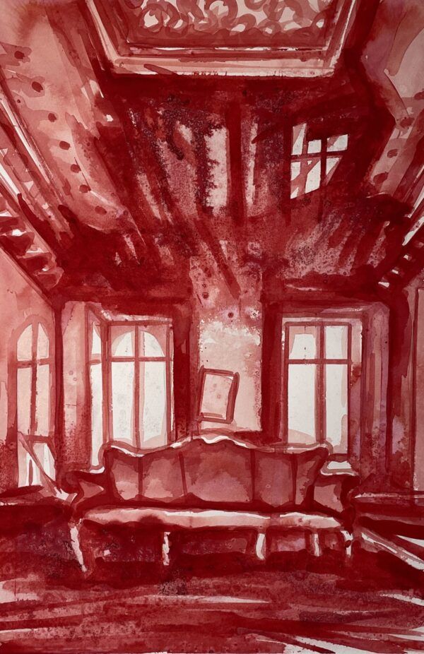 Hanne Schmidt, rum og interiør. Forladte rum, tomme, forfaldne, åbne rum, stemning, rummet, stue, blæk, papir, Galleri kbh kunst, kunst