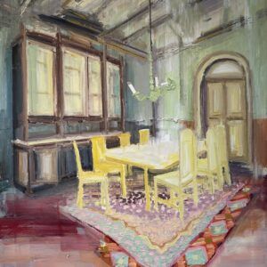 Hanne Schmidt, galleri kbh kunst, maleri, interirør, bolig, spisestue, bord, stole, tomme rum, forladte rum, rum