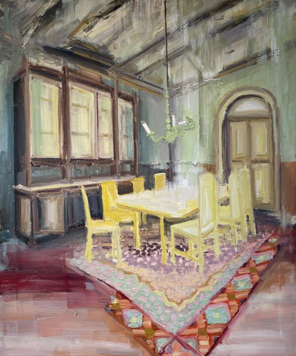 Hanne Schmidt, galleri kbh kunst, maleri, interirør, bolig, spisestue, bord, stole, tomme rum, forladte rum, rum