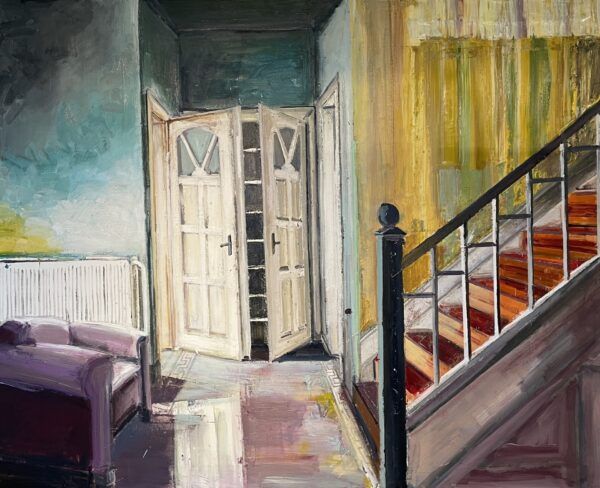 Hanne Schmidt, galleri kbh kunst, maleri, interirør, bolig, dør, trappe, The Purple Shadow, 120x150 cm