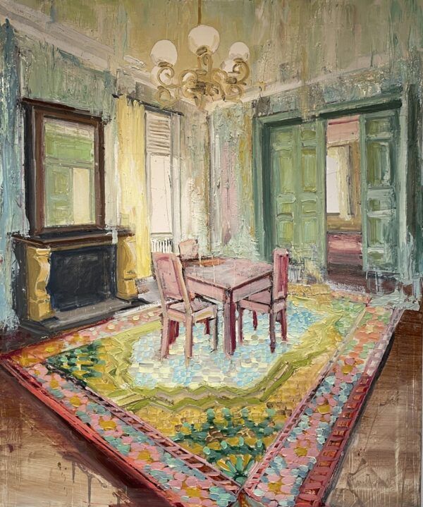 Hanne Schmidt, galleri kbh kunst, maleri, interirør, bolig, spisestue, bord, stole, the pink point