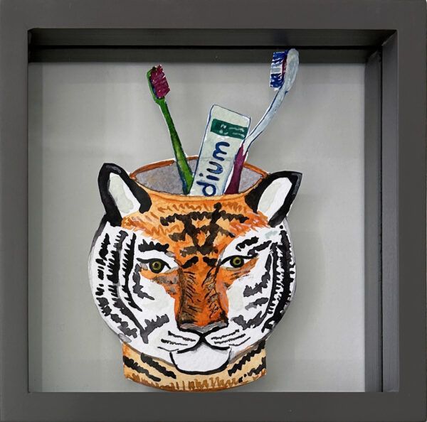 Marie Schack, Galleri, kbh, kunst, akvarel, tandbørste, krus, tiger, tandpasta, billig kunst