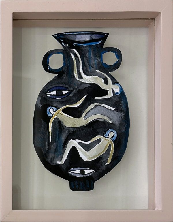 Marie Schack, Galleri, kbh, kunst, akvarel, udklip, billig kunst, krukke, vase, blå, svømmere, øjne, kvinder