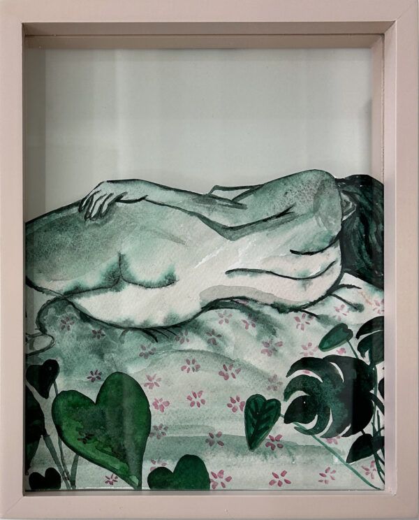 Marie Schack, Galleri, kbh, kunst, akvarel, udklip, billig kunst, nøgenmodel, sove, søvn, planter