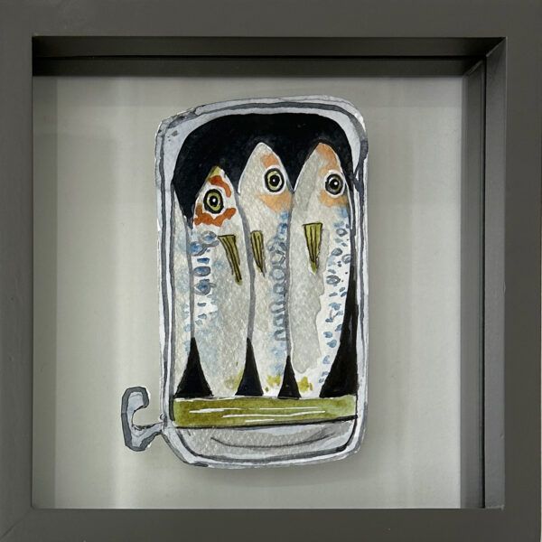 Marie Schack, Galleri, kbh, kunst, akvarel, sardin, sardiner, fisk, dåse, billig kunst