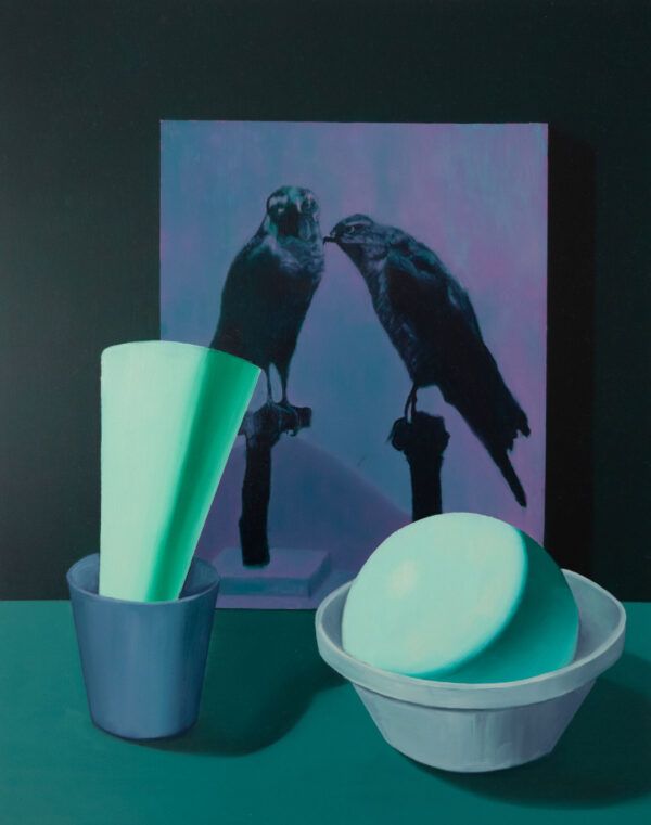 Jacob Hoff, galleri kbh kunst, olie på plade, fugle og skåle. grønne nuancer, scenarie.
