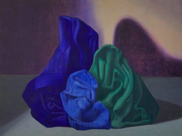 Jacob Hoff, galleri kbh kunst, som en familie, blå nuancer. sfot der er formet som en famile. trekrøver. moderne maleri.