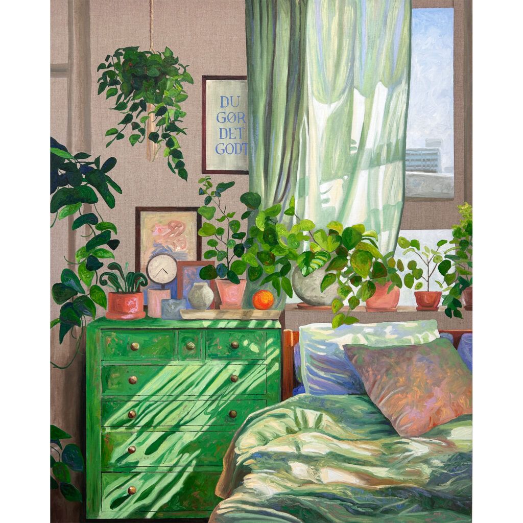 Line Holtegaard, Galleri kbh kunst, interiør, bolig, hjem, seng, varme farver, maleri, oliemaleri, dansk kunst, seng, soveværelse