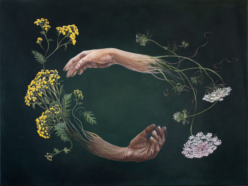 Lisbeth Thygesen, Galleri kbh kunst, soloudstilling, eart, my body, maleri, blomster, hænder, surrealisme, neosymbolisme, rejnfan, vild gulerod,